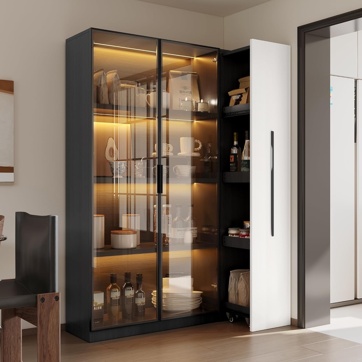 Bibliotheque LED noir et blanc 160 cm avec portes, roulettes et plusieurs zones de rangement modulables