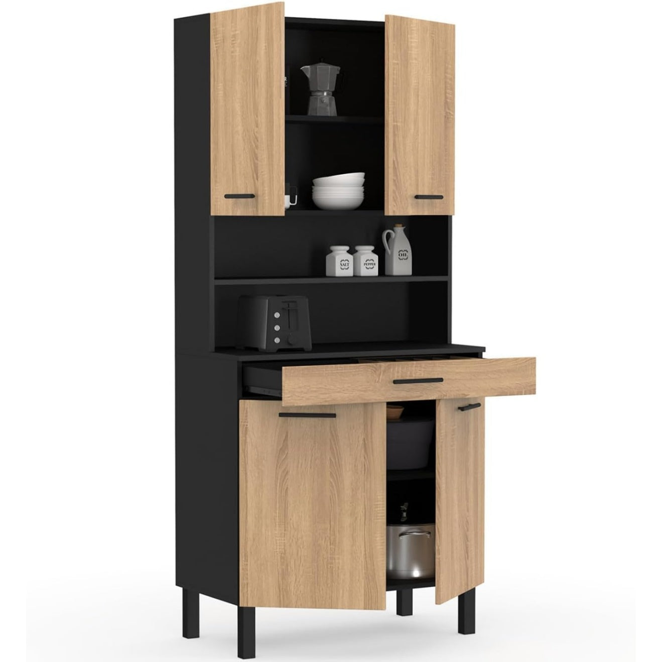 Petit meuble cuisine 80 cm noir et effet hetre avec quatre portes et tiroir de rangement