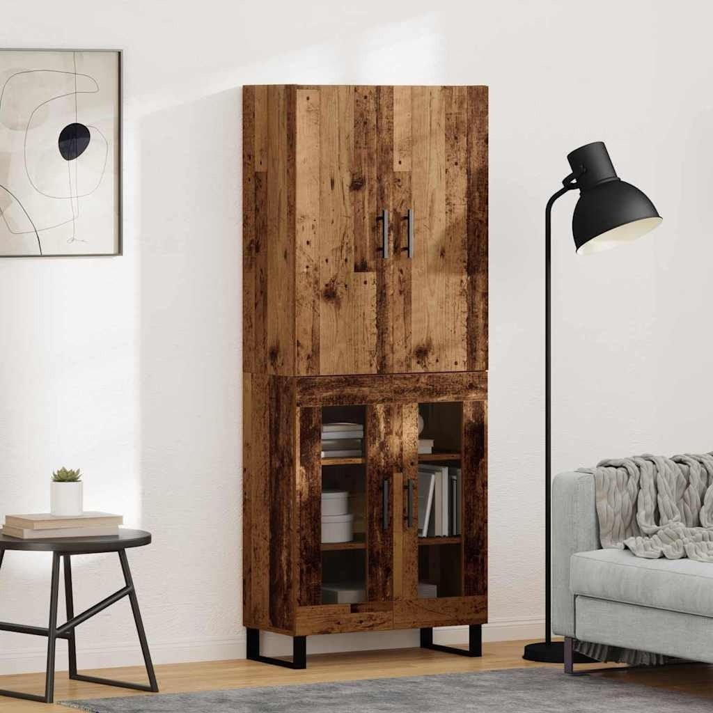 Armoire de rangement haute en bois recycle 69,5 x 34 x 180 cm avec porte vitree, meuble moderne pour interieur