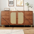 Buffet en rotin finition noyer 160 x 40 x 90 cm avec deux portes et six tiroirs, meuble auxiliaire spacieux pour interieur