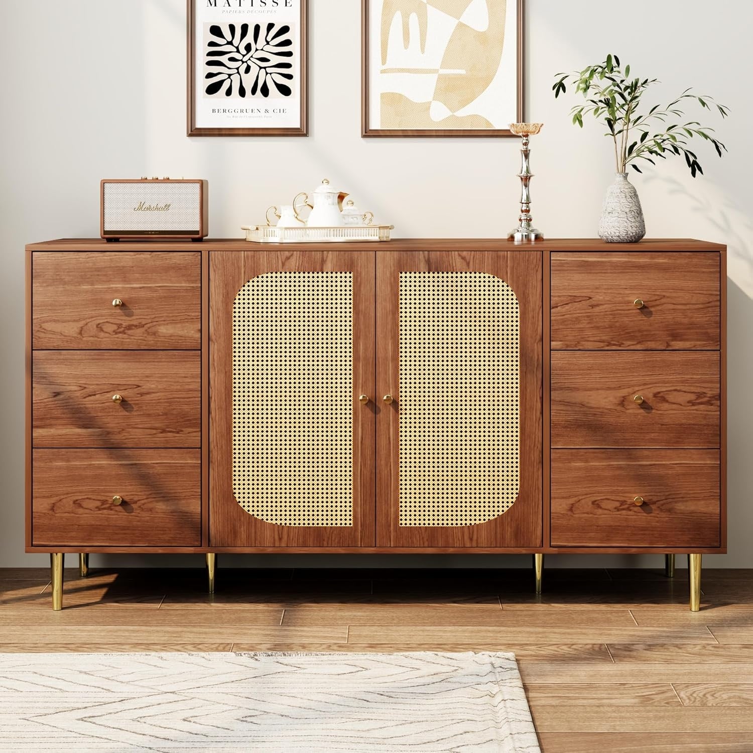 Buffet en rotin finition noyer 160 x 40 x 90 cm avec deux portes et six tiroirs, meuble auxiliaire spacieux pour interieur