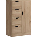 Commode buffet marron en bois avec placard ferme et quatre tiroirs, meuble fonctionnel pour interieur