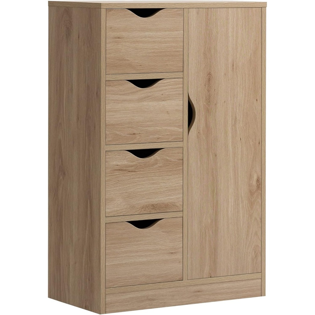Commode buffet marron en bois avec placard ferme et quatre tiroirs, meuble fonctionnel pour interieur