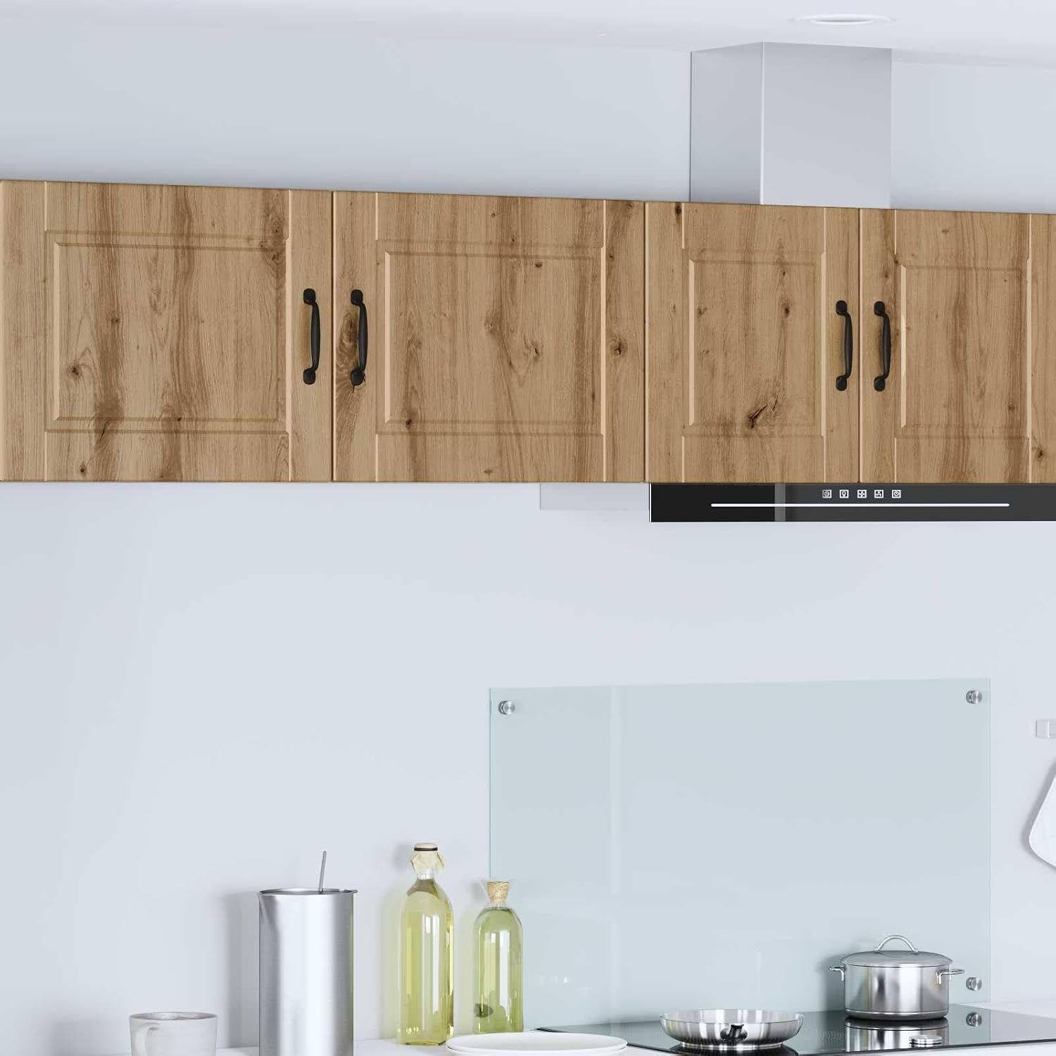 Lot de 2 meubles muraux en chene artisanal avec portes solides pour rangement de cuisine, salon ou salle a manger