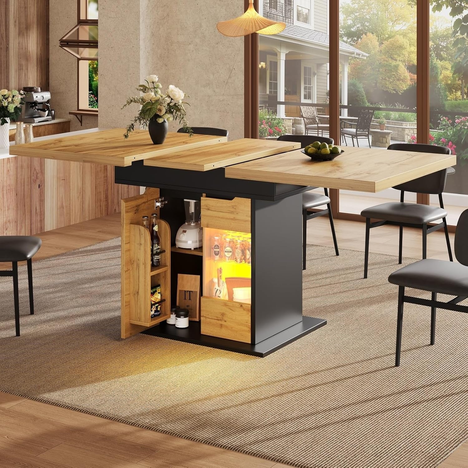 Table rectangulaire extensible quatre a six personnes avec rangement integre, portes vitrees et eclairage LED, ideale petits espaces