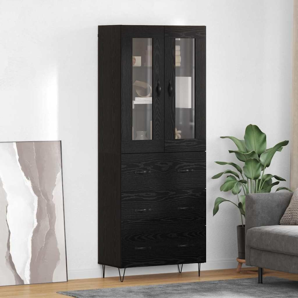 Vitrine noire en bois moderne avec portes vitrees et poignees metalliques 69,5 x 34 x 90 cm, mobilier elegant pour interieur
