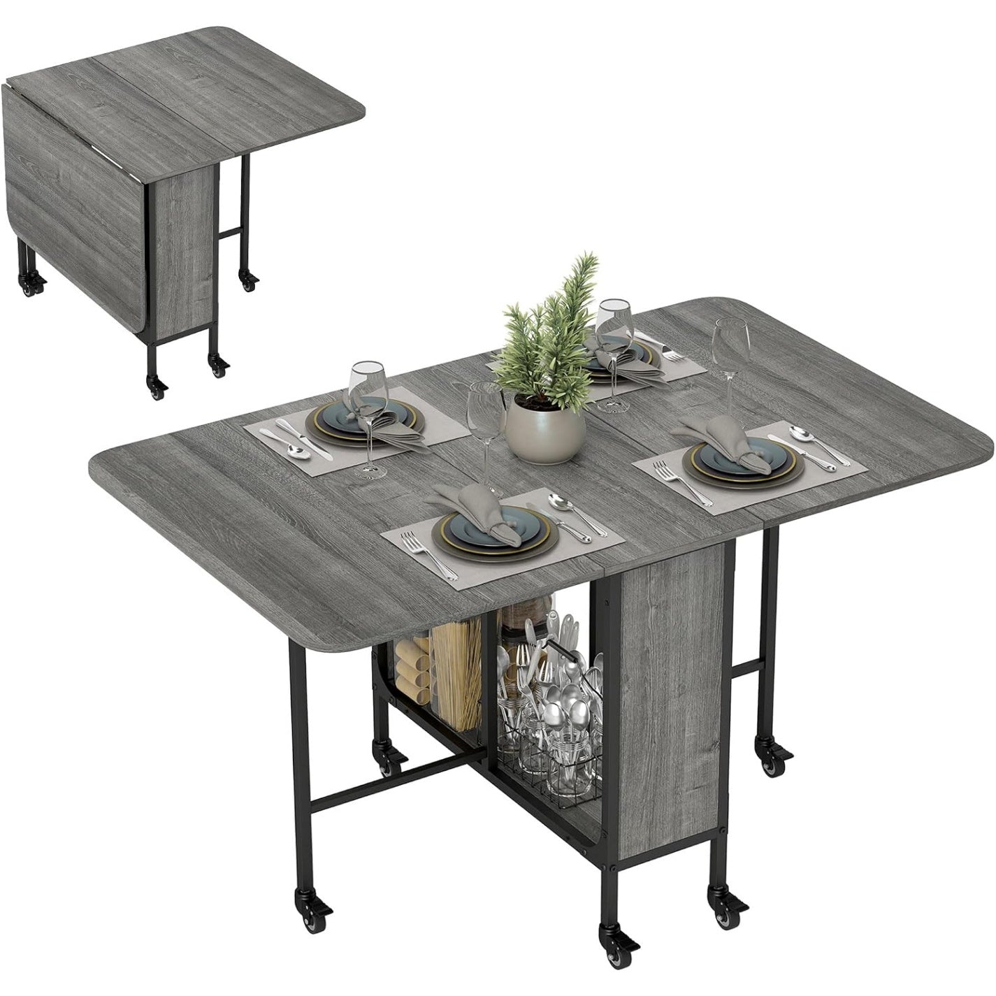 Table pliante grise sur roulettes 130 x 80 x 74 cm, ideale pour petits espaces modulables