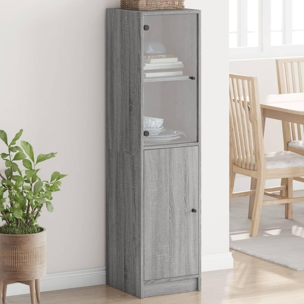 Armoire buffet gris Sonoma 142 cm avec porte vitree et compartiments interieurs, meuble de rangement fonctionnel pour salon ou cuisine