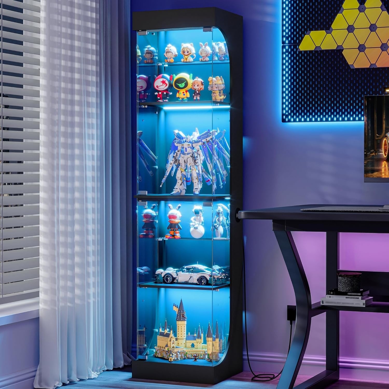 Vitrine avec portes en verre et etageres ouvertes, meuble de rangement ideal pour jouets collections et accessoires