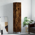 Meuble colonne chene fume 34,5 x 34 x 180 cm avec porte et pieds metalliques, mobilier de rangement pour entree salon cuisine et bureau