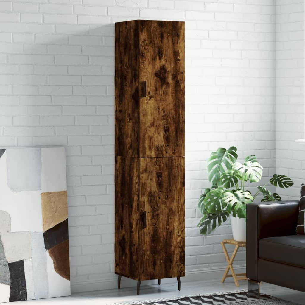 Meuble colonne chene fume 34,5 x 34 x 180 cm avec porte et pieds metalliques, mobilier de rangement pour entree salon cuisine et bureau