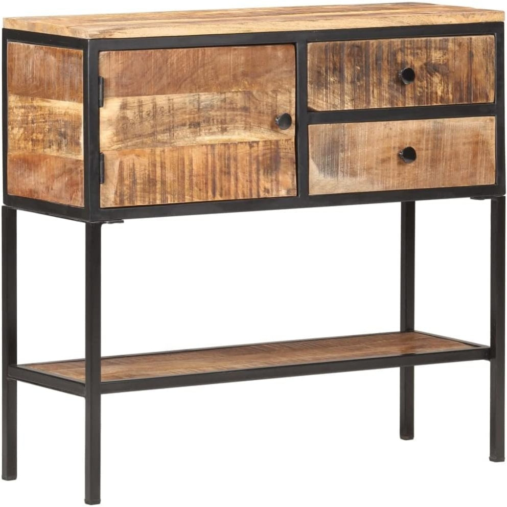 Bahut industriel en bois de manguier naturel 85 x 30 x 80 cm avec cadre metallique noir, tiroirs et compartiment ouvert