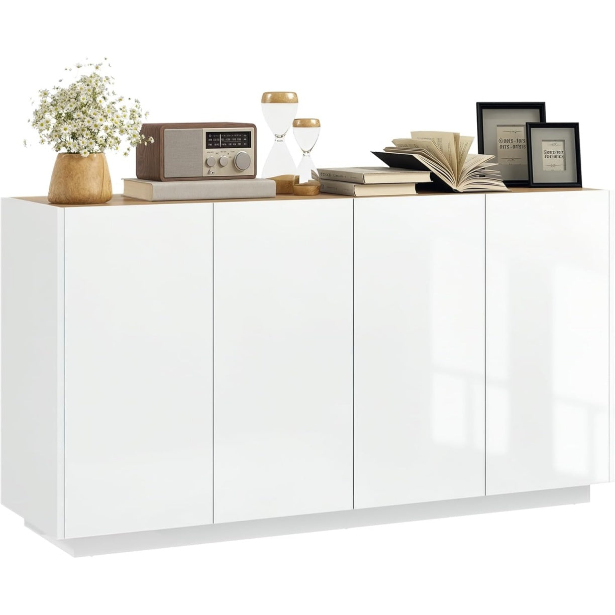 Meuble bas de salle a manger 140 x 40 x 75 cm avec revetement blanc brillant, ideal pour un interieur moderne et epure