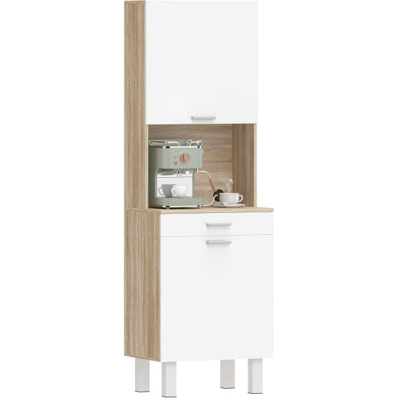 Meuble colonne de cuisine avec deux portes, dimensions 55 x 40 x 174 cm, association blanc et bois naturel