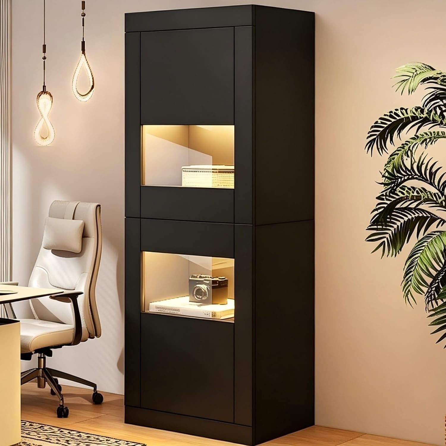 Vitrine noire haute 162 cm en verre avec double porte et eclairage LED pour presentation elegante
