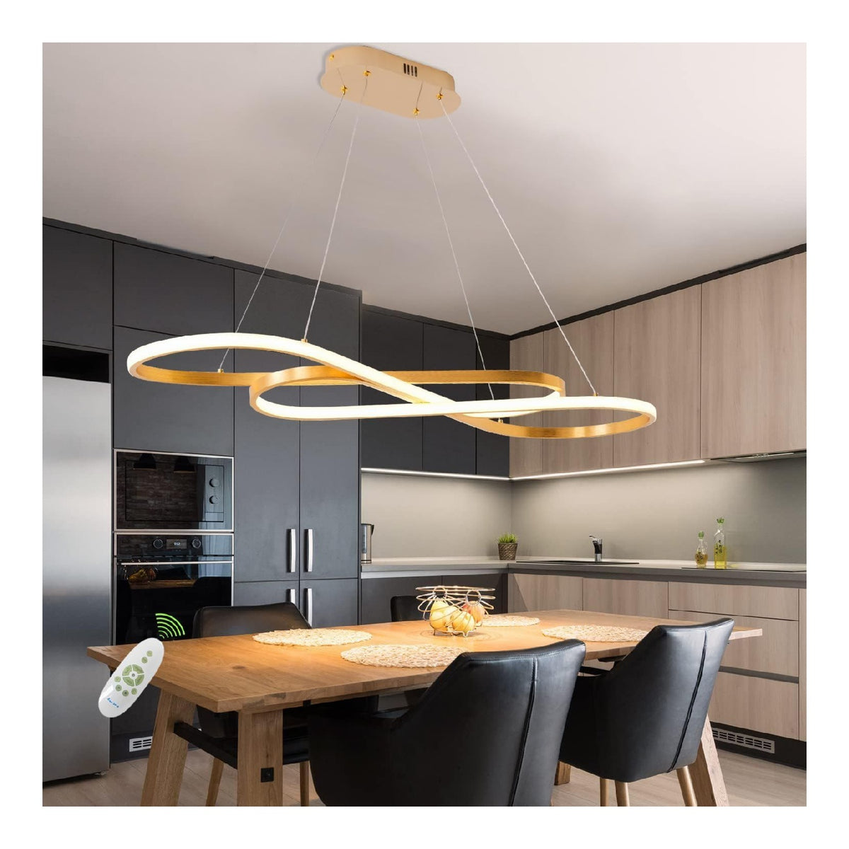 Lustre Noir et Dore aux lignes epurees avec eclairage confortable 3000K