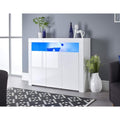 Buffet blanc mat et brillant 116 cm avec trois portes et bandes LED decoratives, meuble moderne pour salon ou espace repas