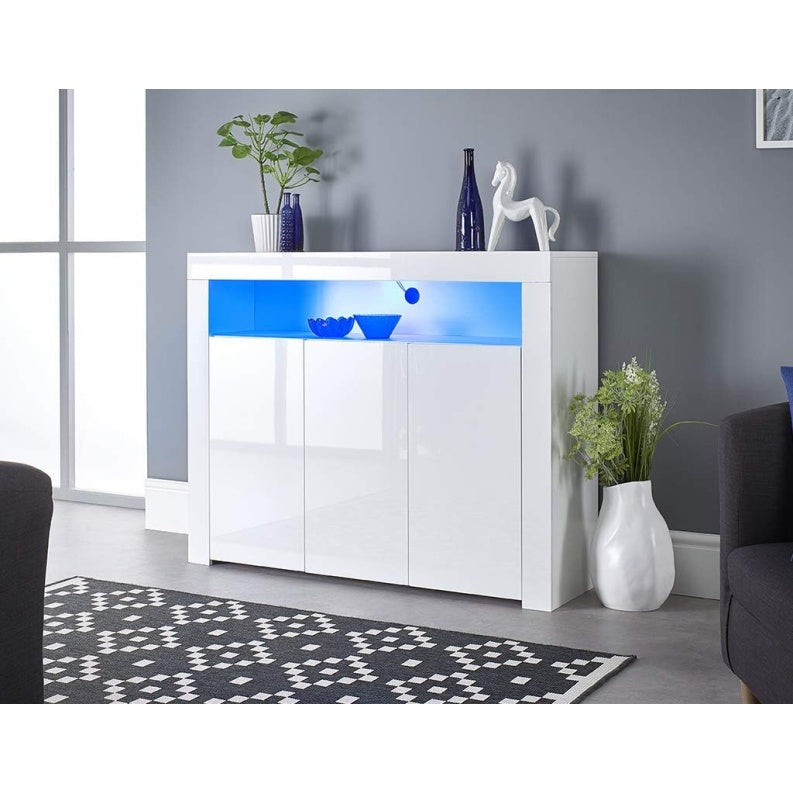 Buffet blanc mat et brillant 116 cm avec trois portes et bandes LED decoratives, meuble moderne pour salon ou espace repas