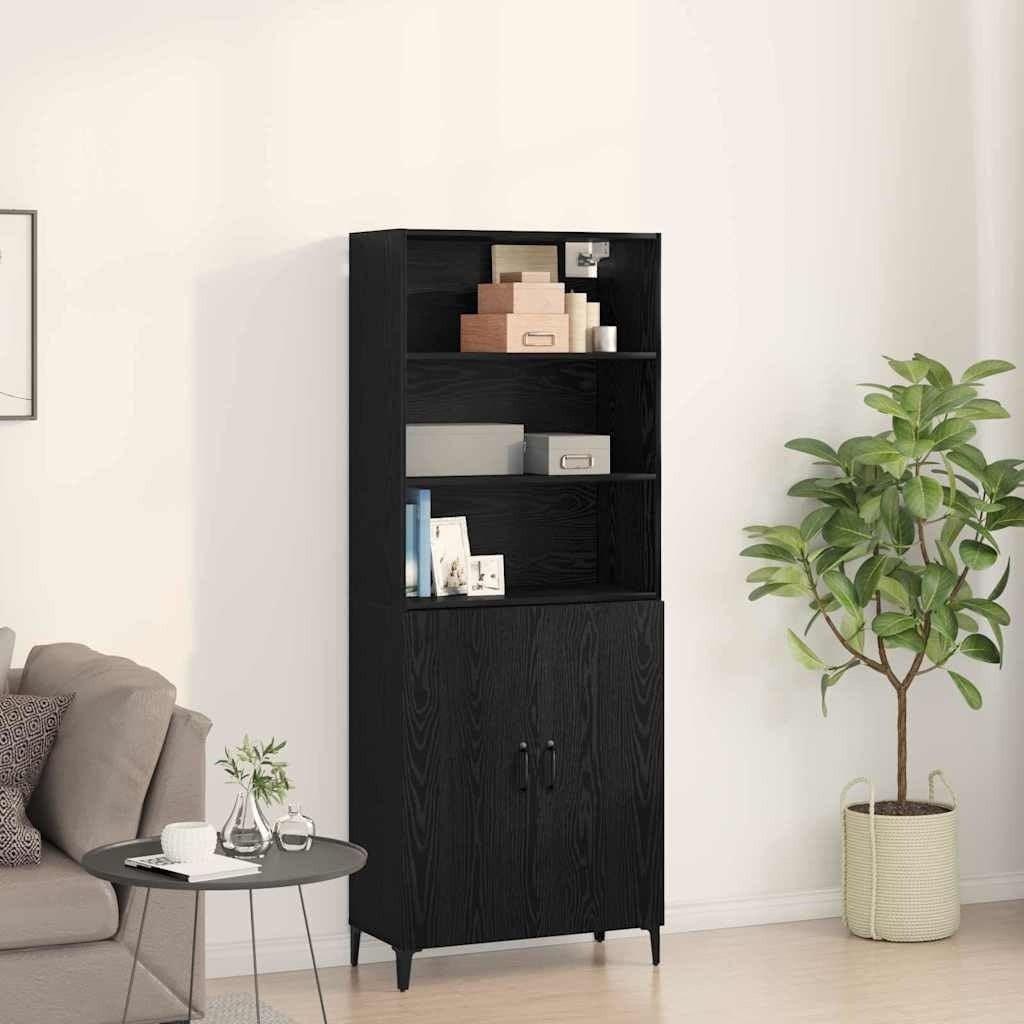 Colonne de rangement noire avec etageres ajustables 69,5 x 34 x 180 cm, meuble moderne en bois pour salle a manger et salon