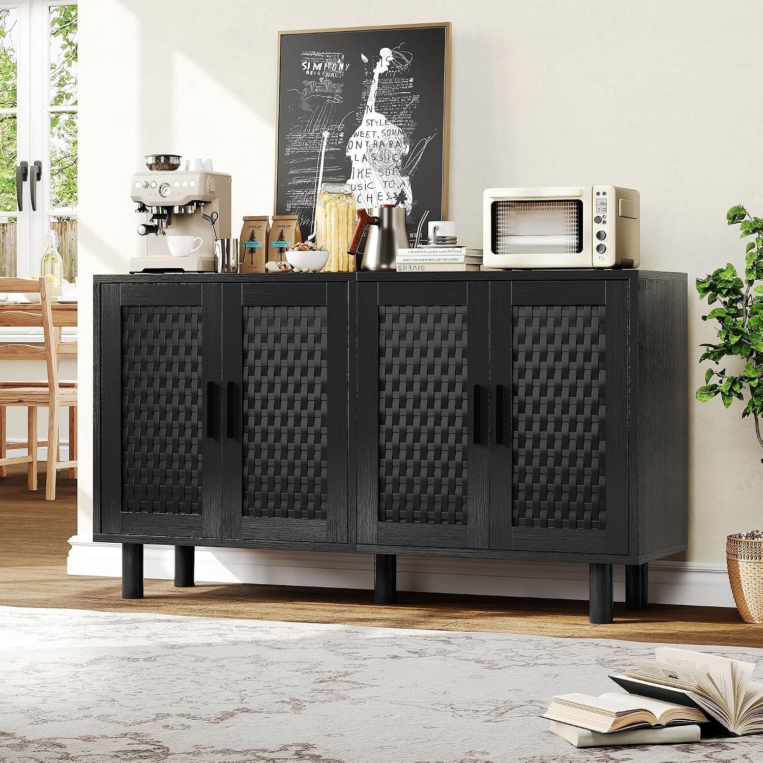Buffet bas noir 140 x 40 x 80 cm avec quatre portes, grand espace de rangement pour cuisine et salon