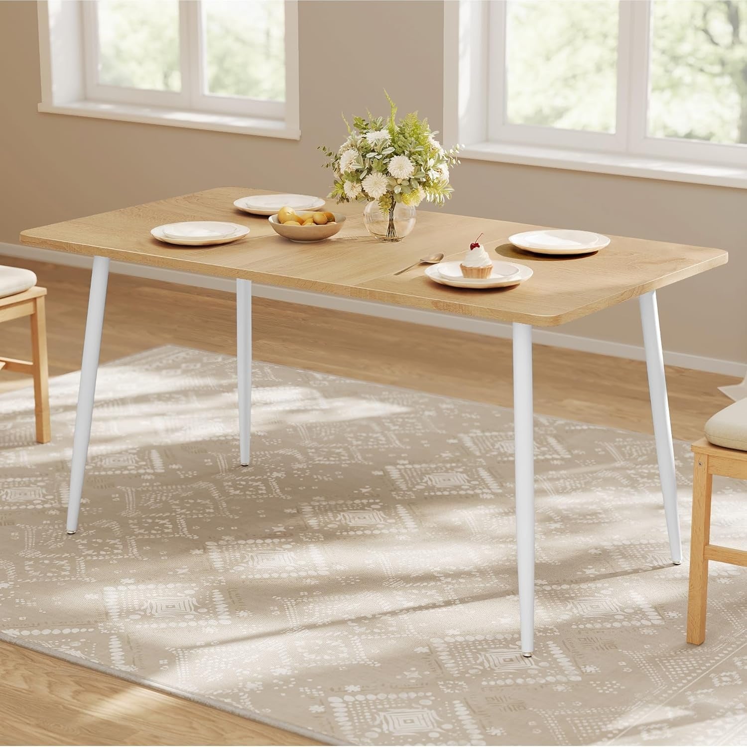 Table de repas style ferme moderne pour 4 a 6 personnes avec plateau resistant a la chaleur, finition chene dore et blanc, 75 x 140 x 75 cm