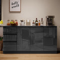 Buffet noir brillant 140 cm avec trois portes, trois tiroirs et rangement spacieux