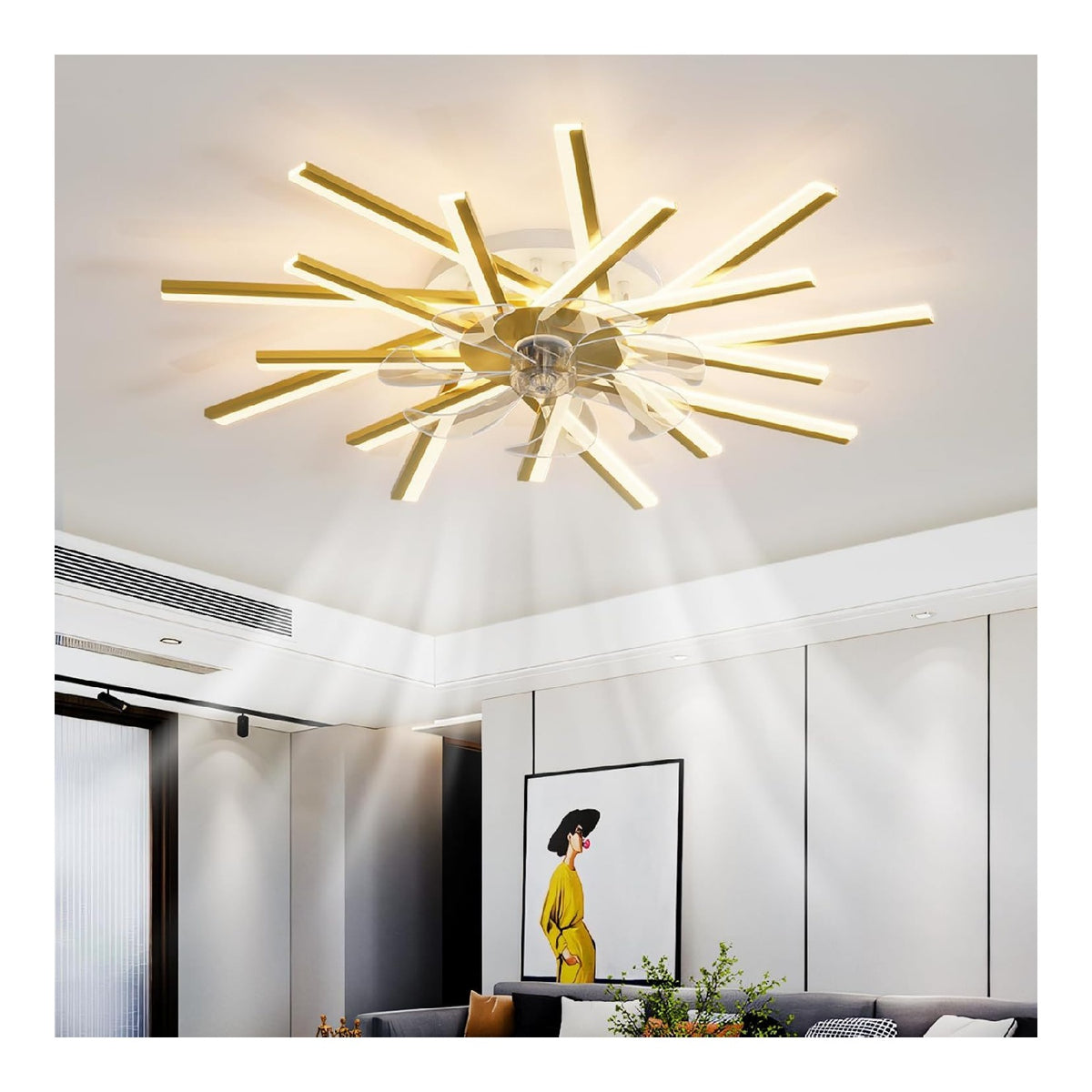 Lustre Blanc et Dore aux lignes epurees avec eclairage confortable