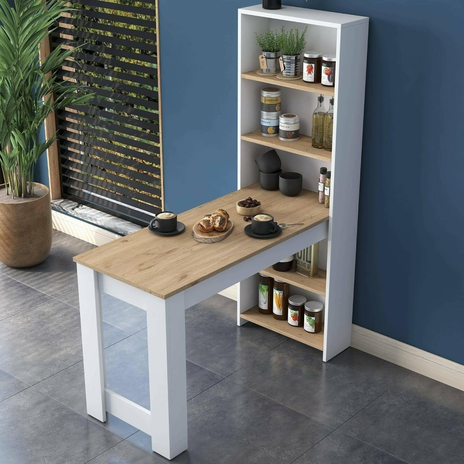 Console fixe multifonction noyer et blanc 120 cm avec etagere de rangement, ideale pour cuisine salle a manger ou interieur contemporain