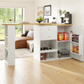 Table bar blanche pivotante 360 degres avec tiroirs, portes coulissantes et trois niveaux de rangement ouvert