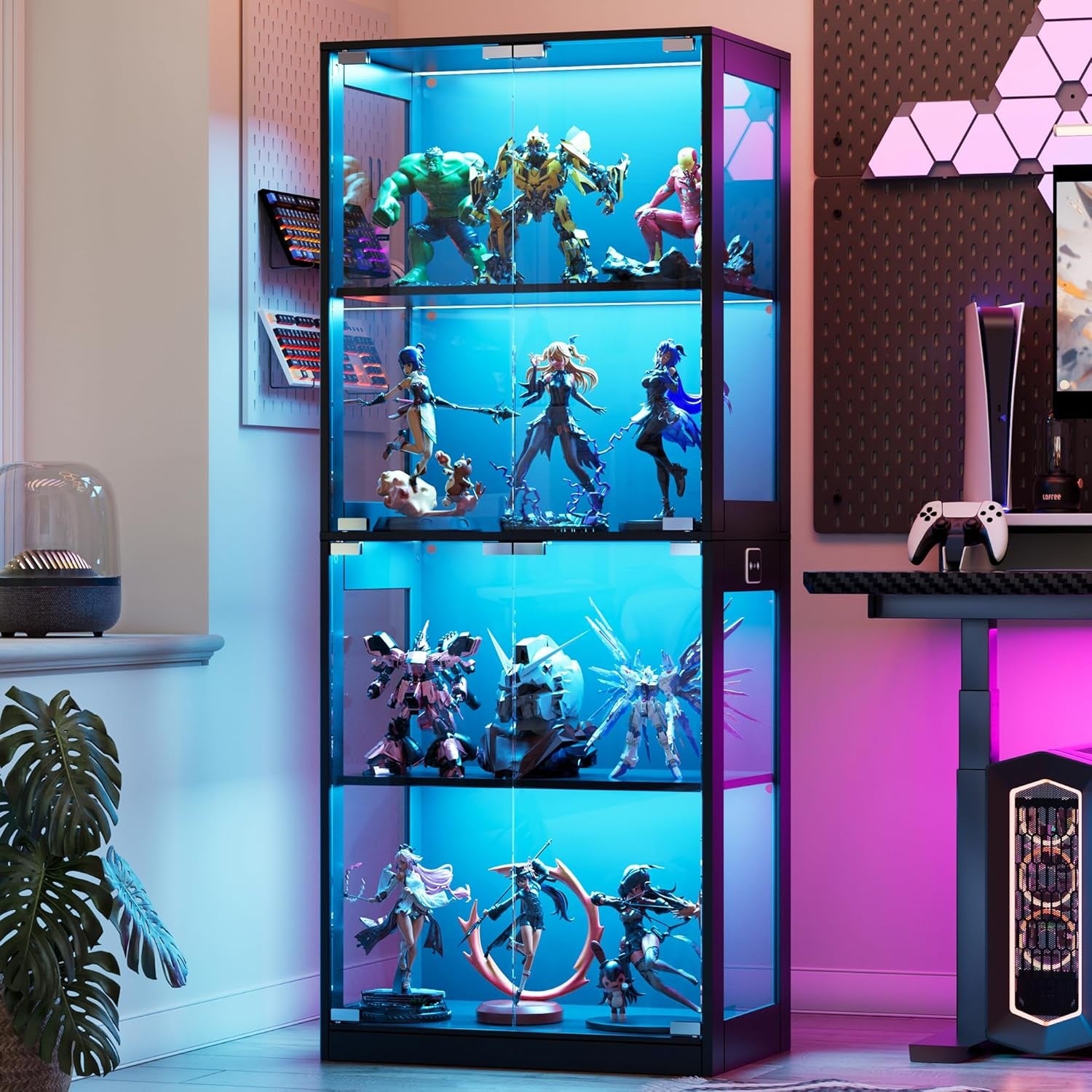Vitrine en verre moderne avec eclairage LED automatique et 4 espaces ajustables pour exposition