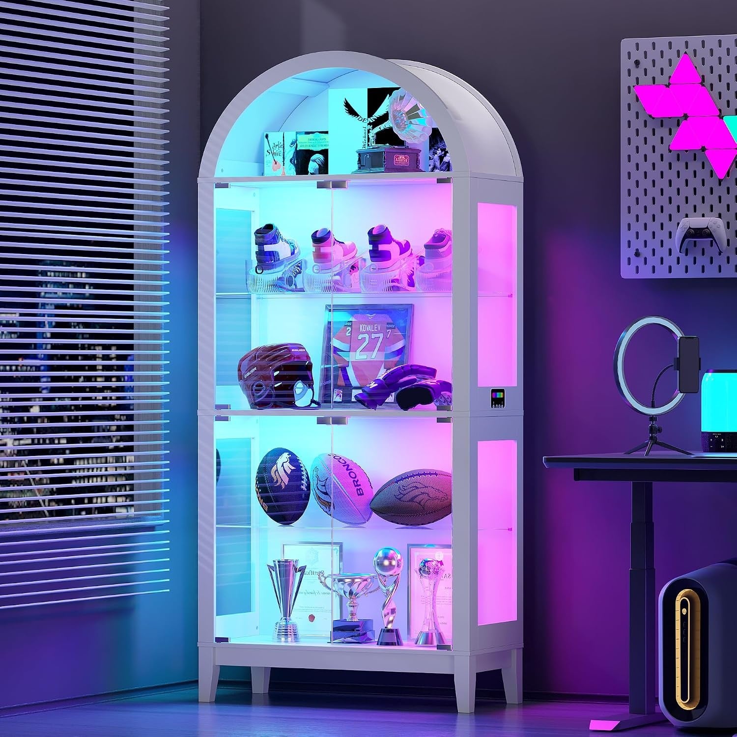 Vitrine blanche 175 cm avec eclairage RGB et detecteur automatique, meuble d exposition en verre avec etageres ajustables
