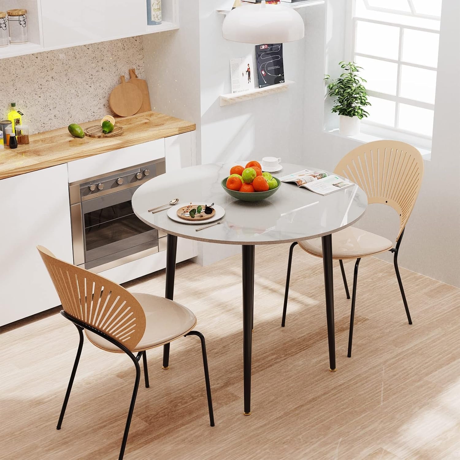 Table repas ronde effet marbre blanc 80 cm avec pieds metal noir, style scandinave industriel pour maison restaurant ou hotel