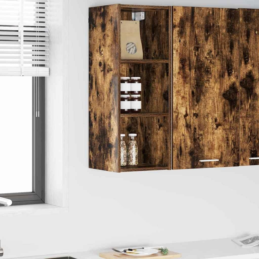 Placard mural chene fume 80 cm avec porte, tiroir et etagere, rangement pratique pour vaisselle epices ou accessoires