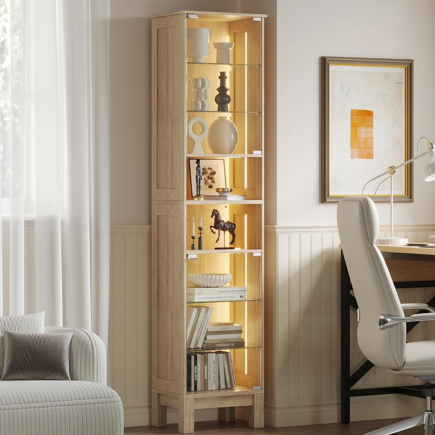 Vitrine moderne 180 cm avec porte en verre trempe, 8 etageres reglables et eclairage LED trois couleurs, meuble chene pour salon ou bureau
