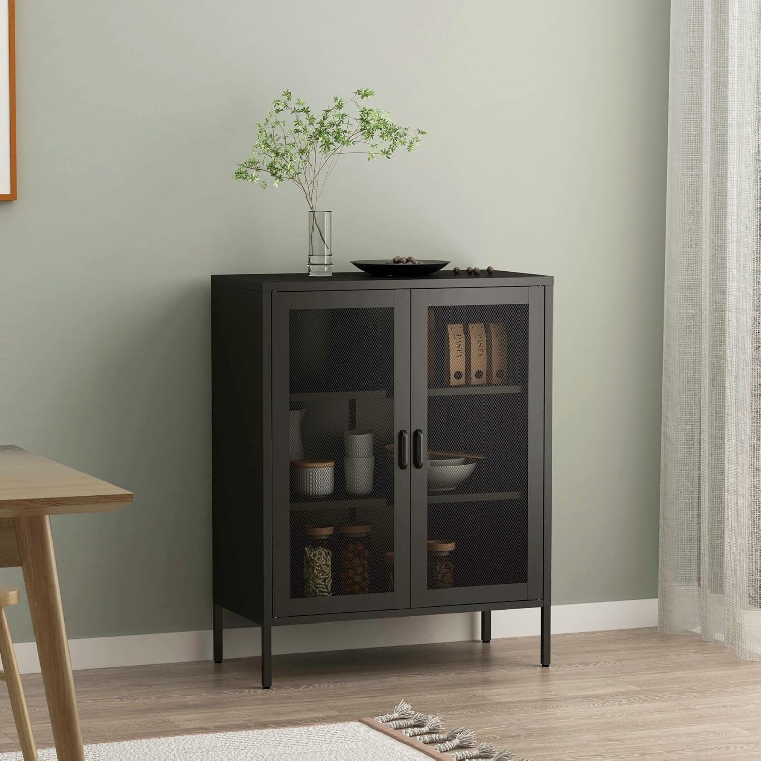 Meuble buffet industriel en acier noir avec portes et etageres, dimensions 102 x 80 x 40 cm, ideal salon cuisine ou salle a manger
