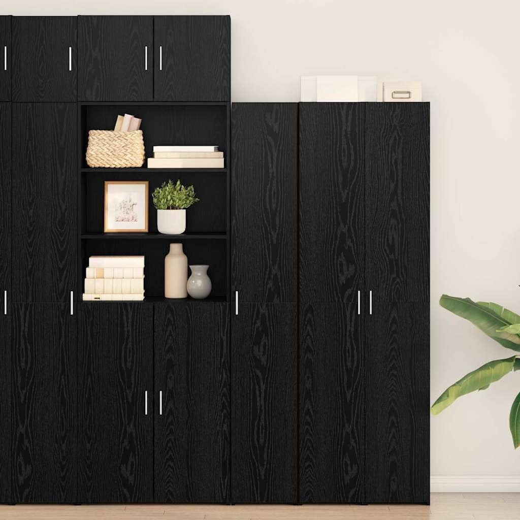 Ensemble de deux colonnes noires effet chene 30 x 42,5 x 185 cm avec porte, meuble vertical adapte au salon bureau et espace repas