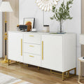 Buffet cuisine blanc 145 x 40 x 75 cm avec trois tiroirs, placards fermes, etageres ajustables et pieds metalliques